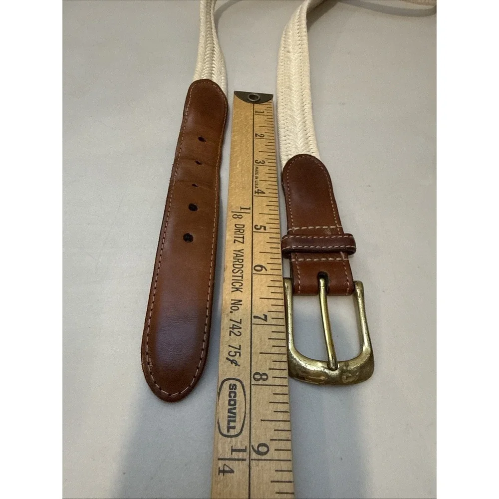 Vintage Torino brown leather belt 40 Solid Brass Buckle Woven‎ Beige Braided